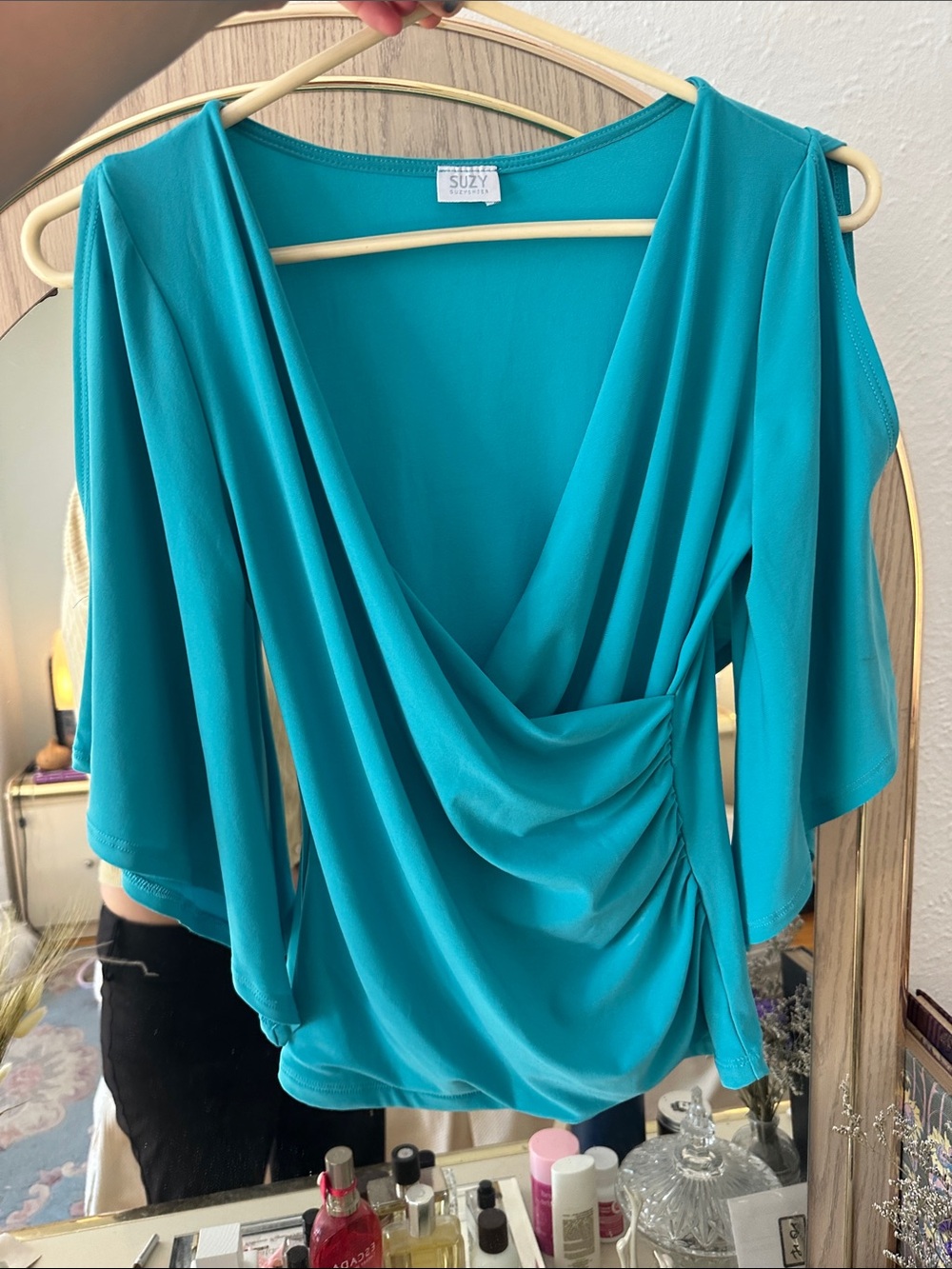 Suzy Shier Teal Draped V-Neck Blouse